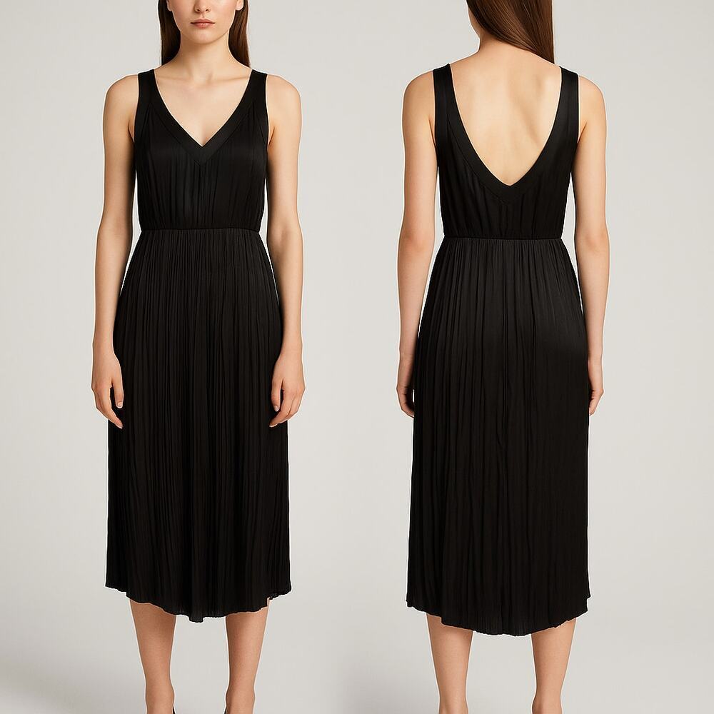 AllSaints Black Pleated Midi Dress Size Medium Sleeveless Satin Trim V-Neck